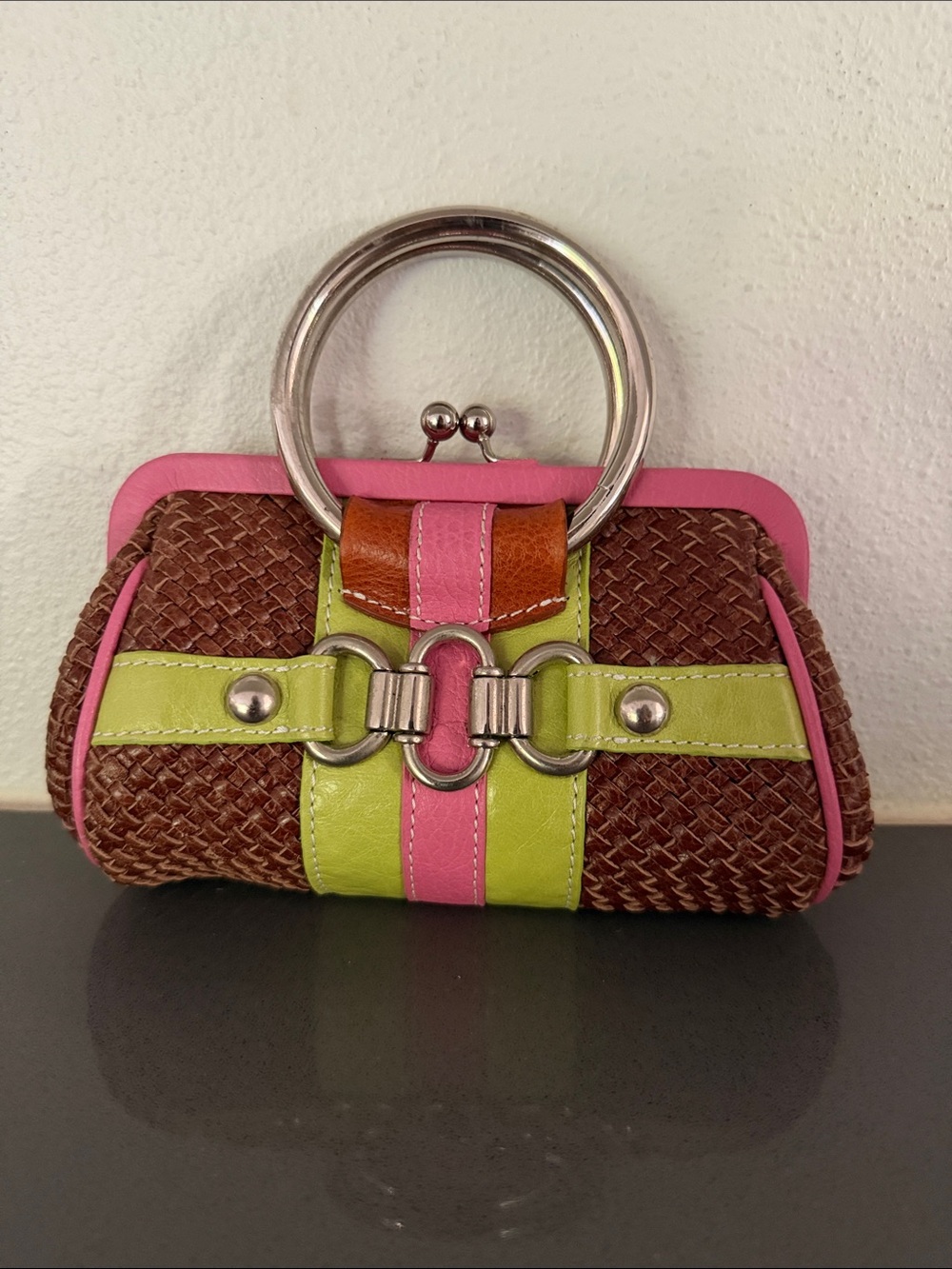 Brown Woven Mini Bag with Pink & Lime Accents